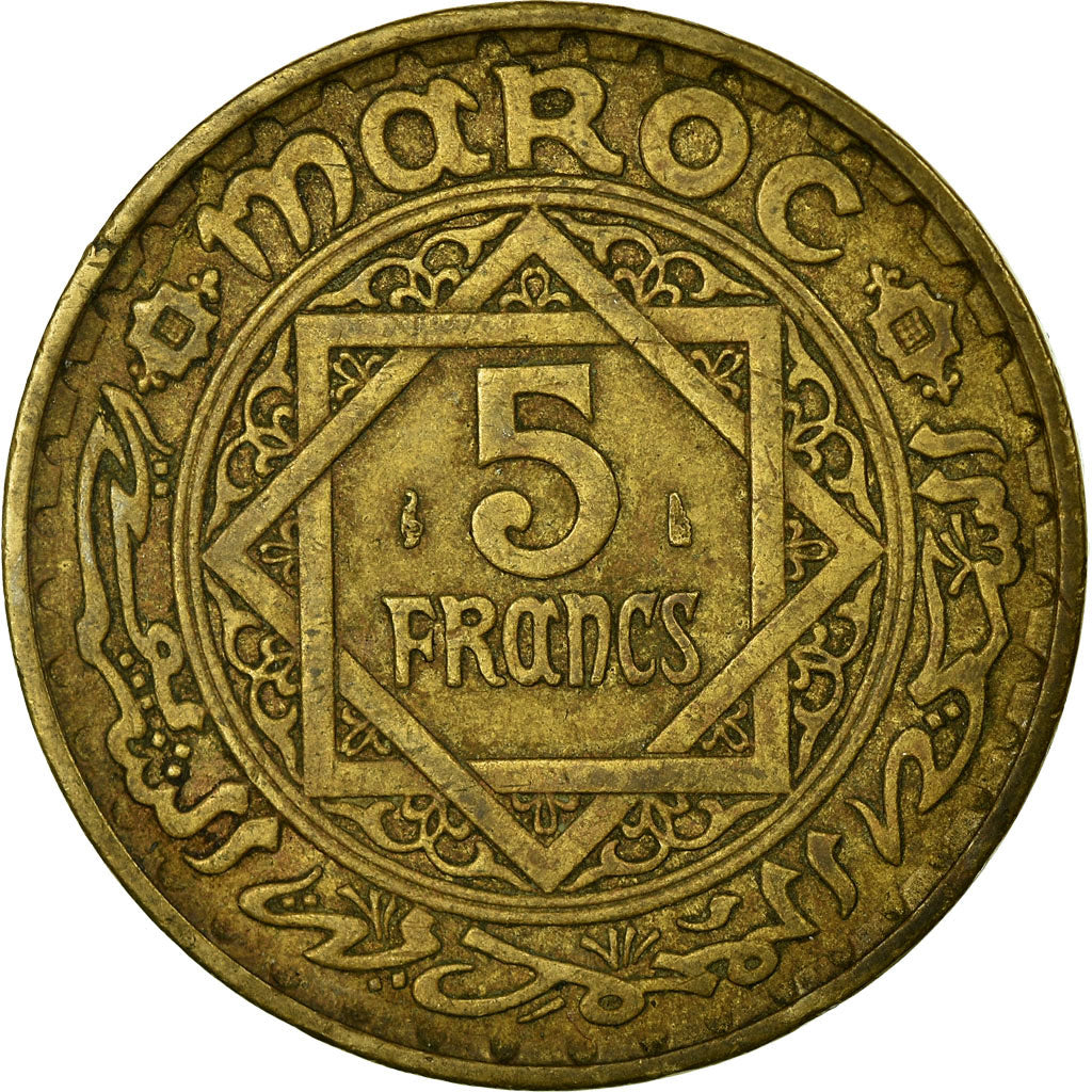 Coin, Morocco, Mohammed V, 5 Francs, 1945, Paris, VF(30-35), Aluminum-Bronze