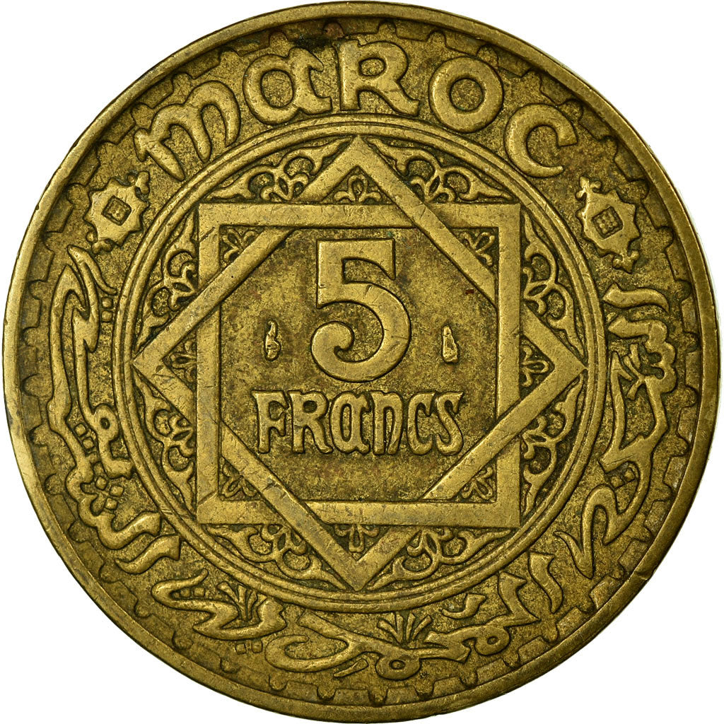 Coin, Morocco, Mohammed V, 5 Francs, 1945, Paris, VF(30-35), Aluminum-Bronze