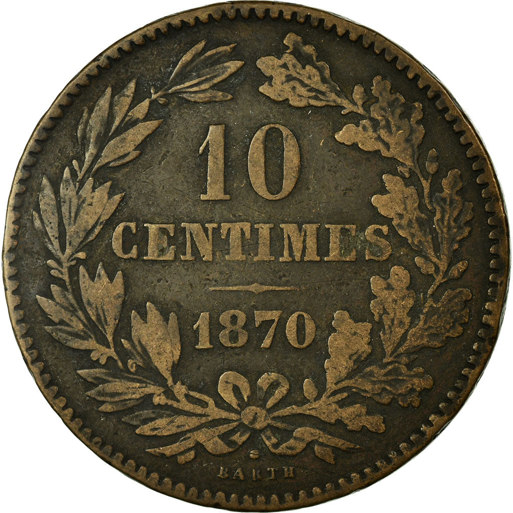 Coin, Luxembourg, William III, 10 Centimes, 1870, Utrecht, VF(30-35), Bronze