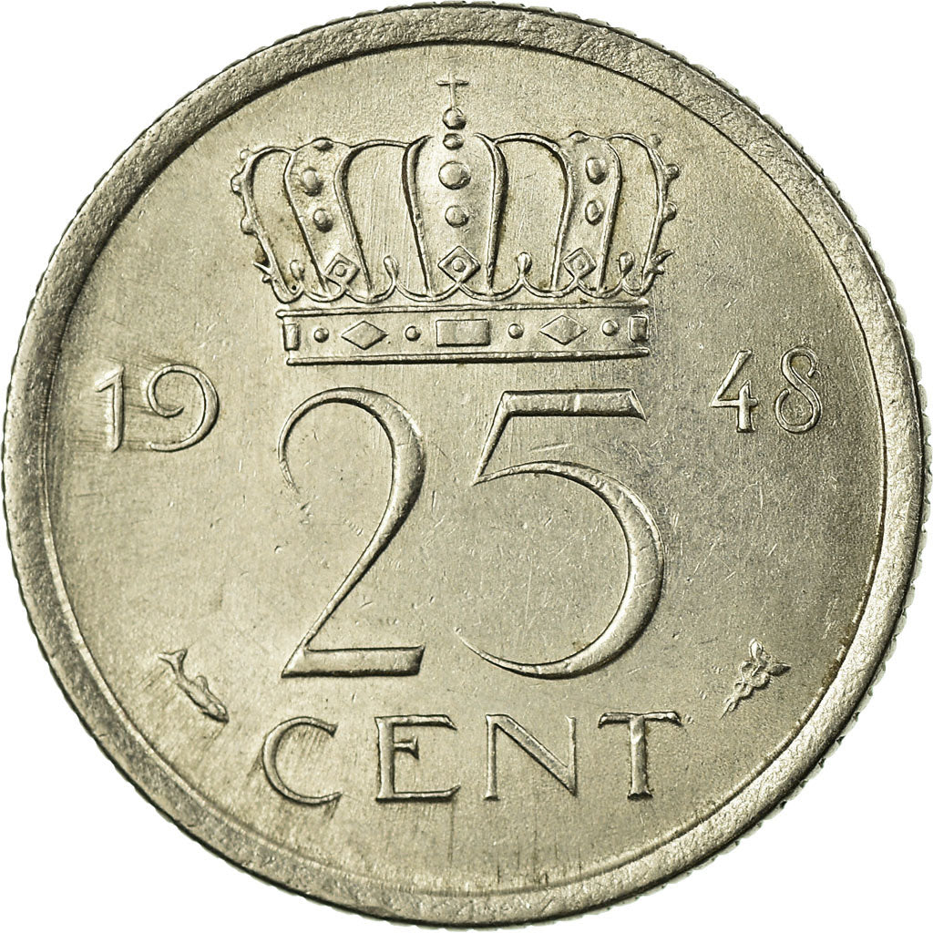 Coin, Netherlands, Wilhelmina I, 25 Cents, 1948, EF(40-45), Nickel, KM:178