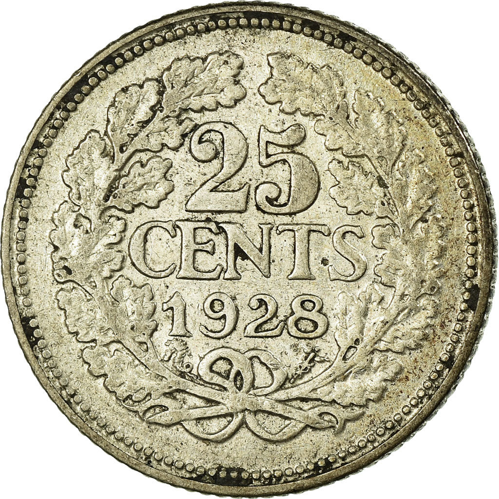 Coin, Netherlands, Wilhelmina I, 25 Cents, 1928, VF(30-35), Silver, KM:164