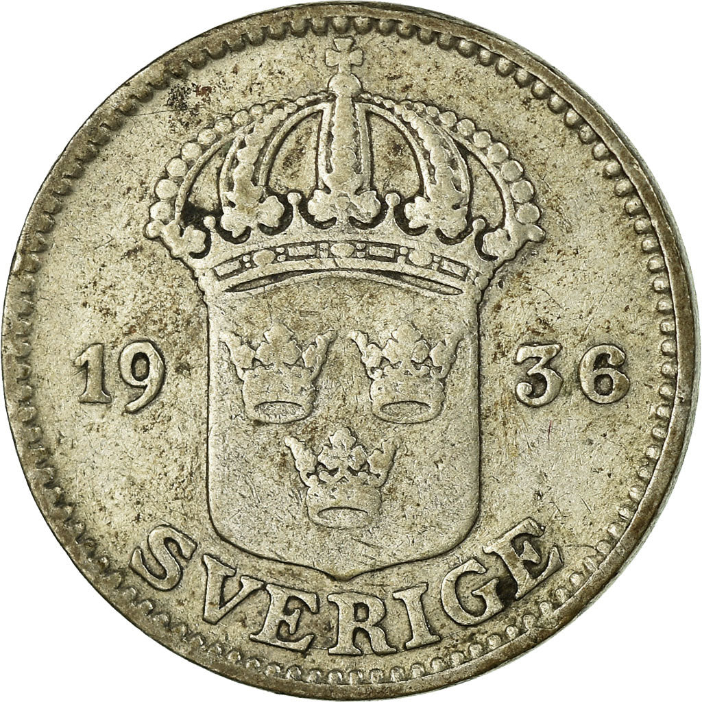Moneta, Svezia, Gustaf V, 25 Öre, 1936, MB, Argento, KM:785