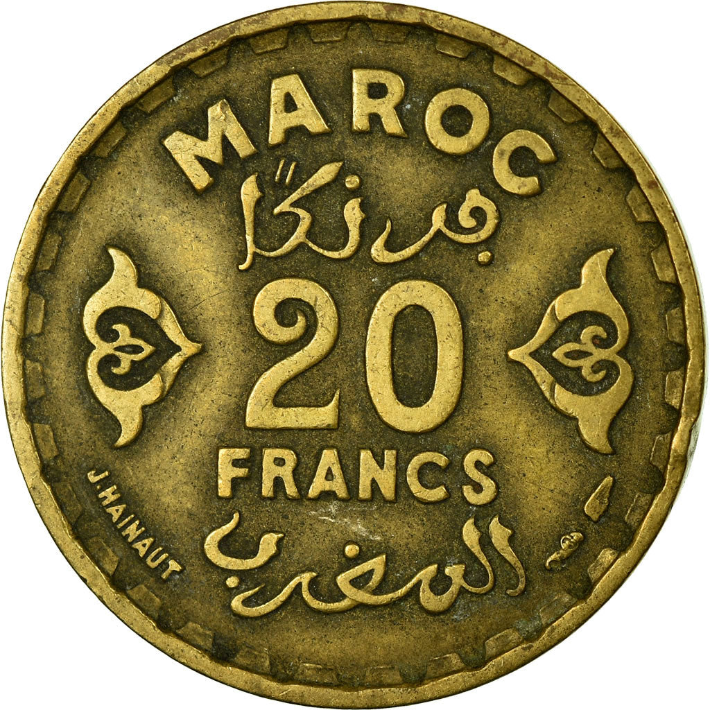 Coin, Morocco, Mohammed V, 20 Francs, 1951, Paris, VF(20-25), Aluminum-Bronze
