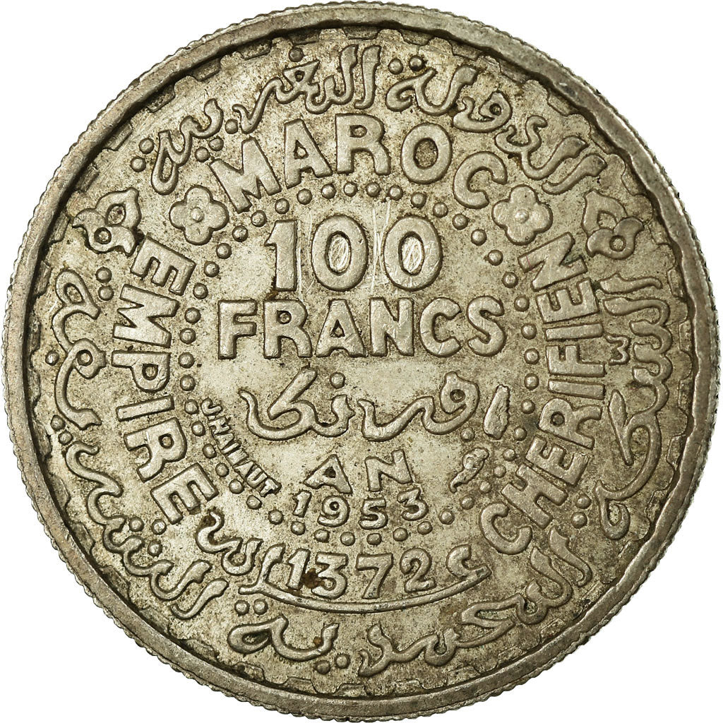Coin, Morocco, Mohammed V, 100 Francs, 1953, Paris, VF(30-35), Silver, KM:52