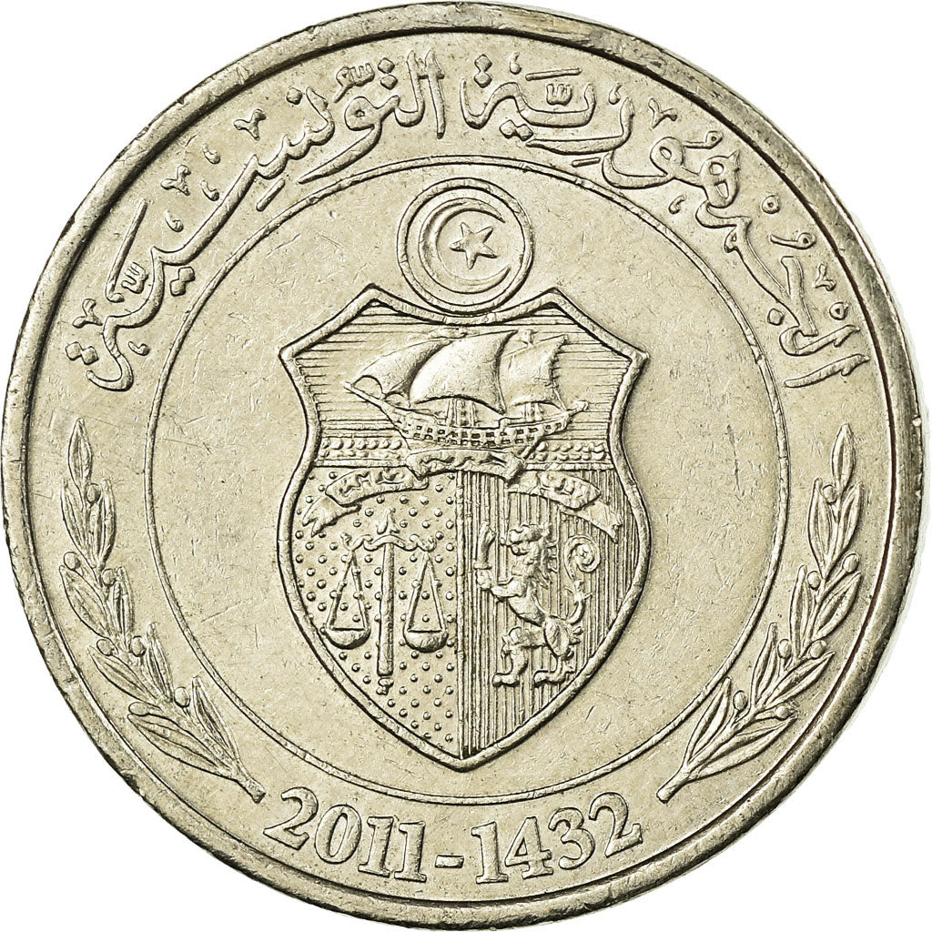 Coin, Tunisia, 1/2 Dinar, 2011, Paris, EF(40-45), Copper-nickel, KM:346