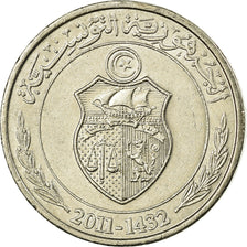 Coin, Tunisia, 1/2 Dinar, 2011, Paris, EF(40-45), Copper-nickel, KM:346