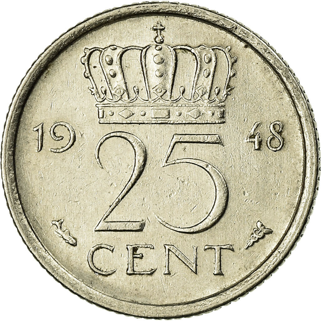 Coin, Netherlands, Wilhelmina I, 25 Cents, 1948, VF(30-35), Nickel, KM:178