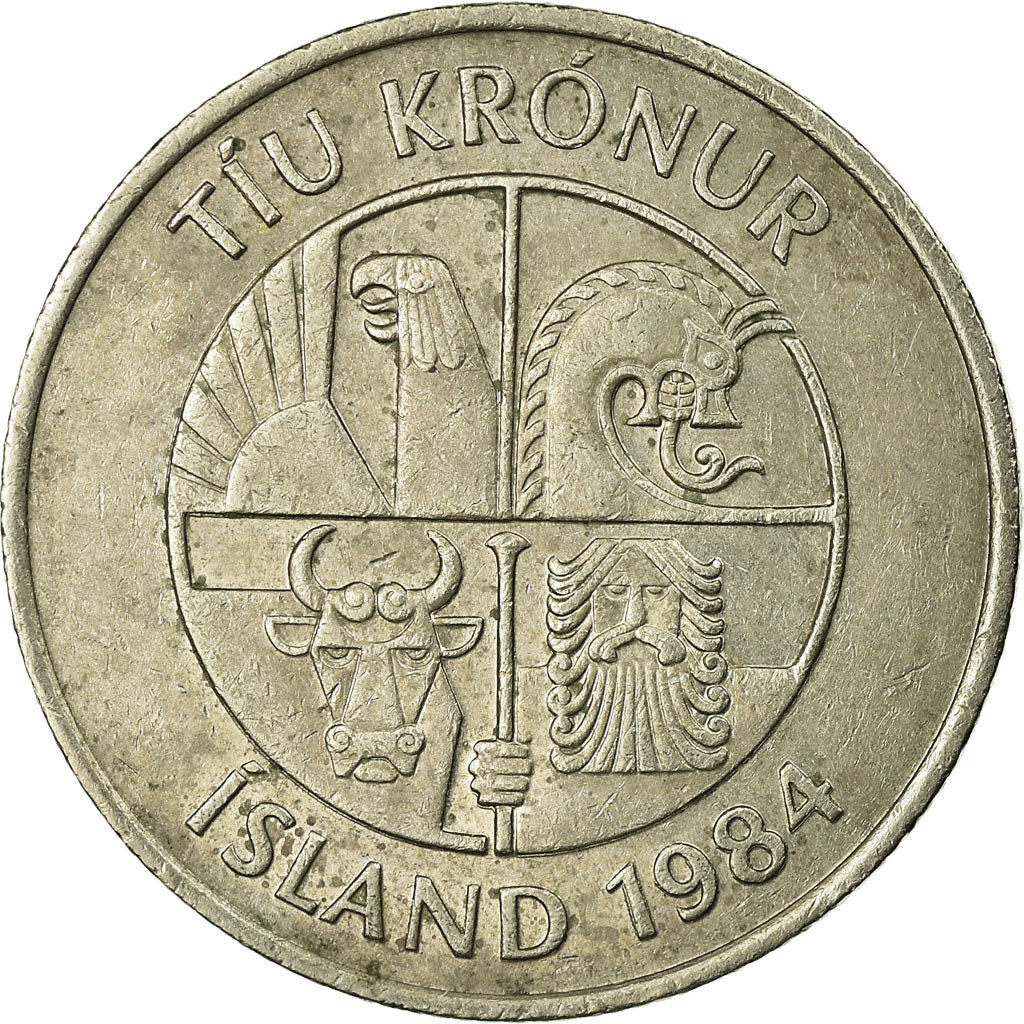 Munten, IJsland, 10 Kronur, 1984, FR+, Copper-nickel, KM:29.1