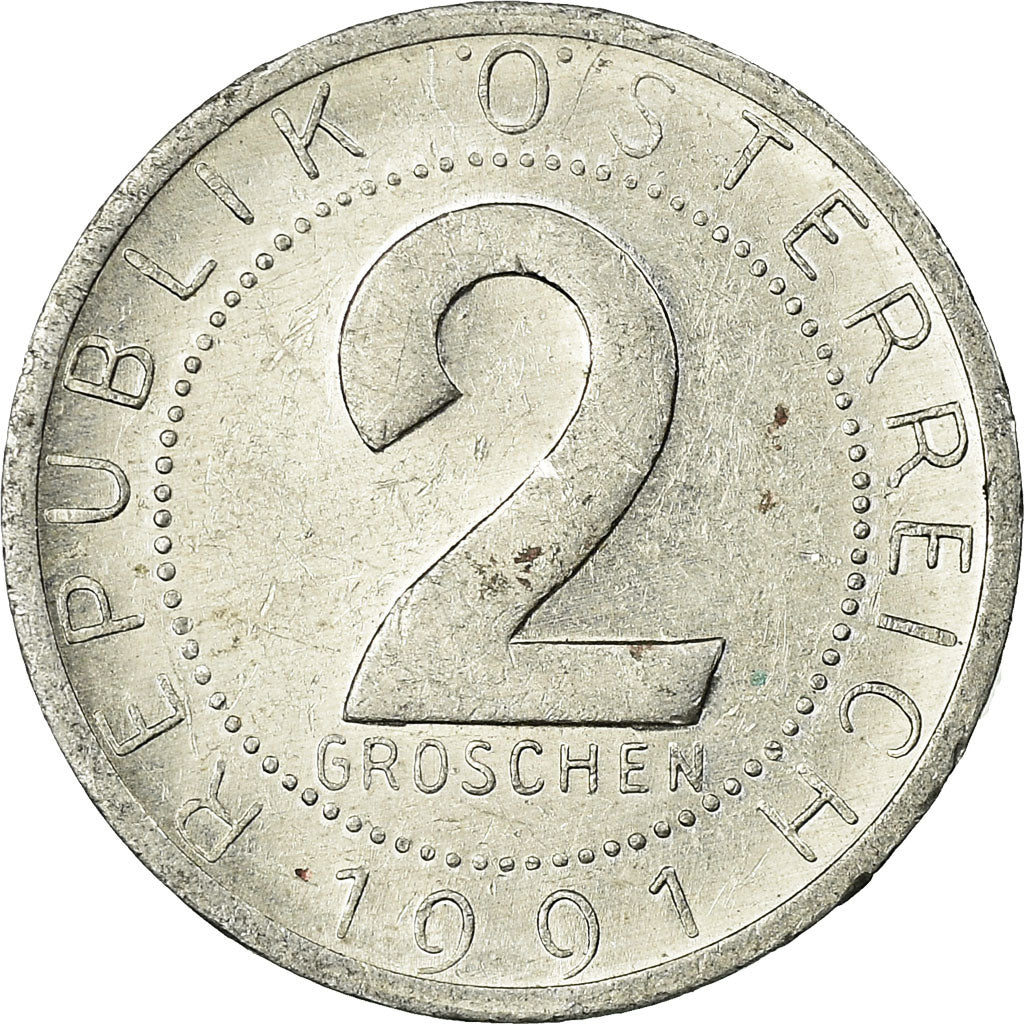 Coin, Austria, 2 Groschen, 1991, EF(40-45), Aluminum, KM:2876