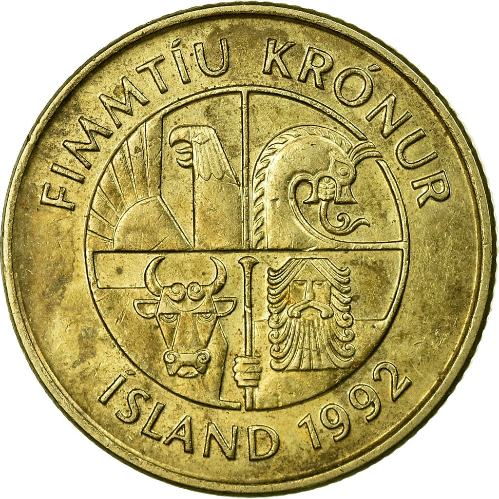 Moneta, Islanda, 50 Kronur, 1992, MB+, Nichel-ottone, KM:31