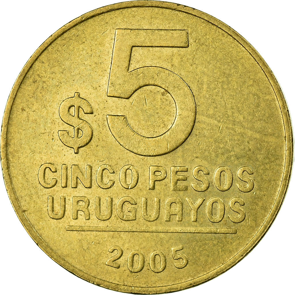 Moneda, Uruguay, 5 Pesos Uruguayos, 2005, Santiago, BC+, Aluminio - bronce