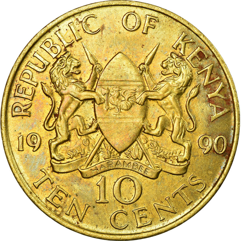 Moneda, Kenia, 10 Cents, 1990, British Royal Mint, BC+, Níquel - latón, KM:18