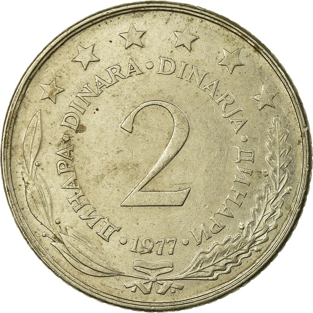 Moneda, Yugoslavia, 2 Dinara, 1977, Melbourne, BC+, Cobre - níquel - cinc