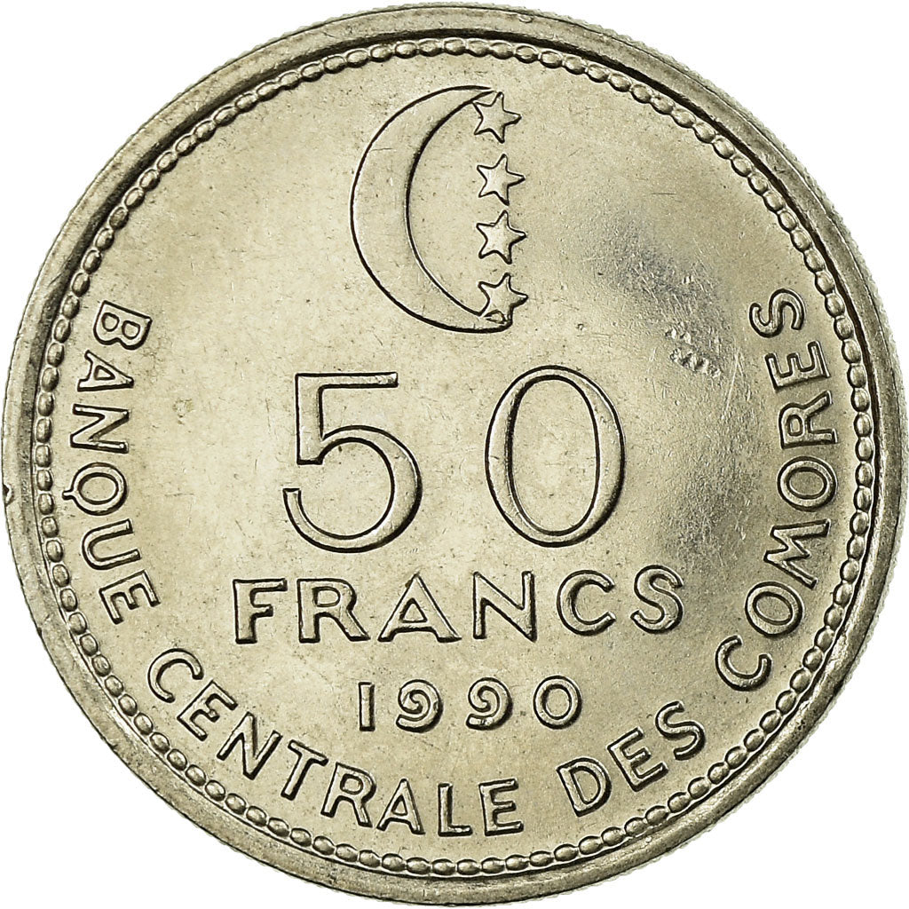 Coin, Comoros, 50 Francs, 1990, Paris, EF(40-45), Nickel, KM:16