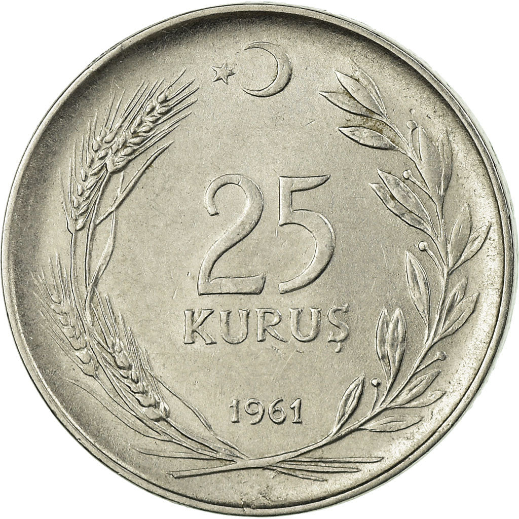 Moeda, Turquia, 25 Kurus, 1961, EF(40-45), Aço Inoxidável, KM:892.2