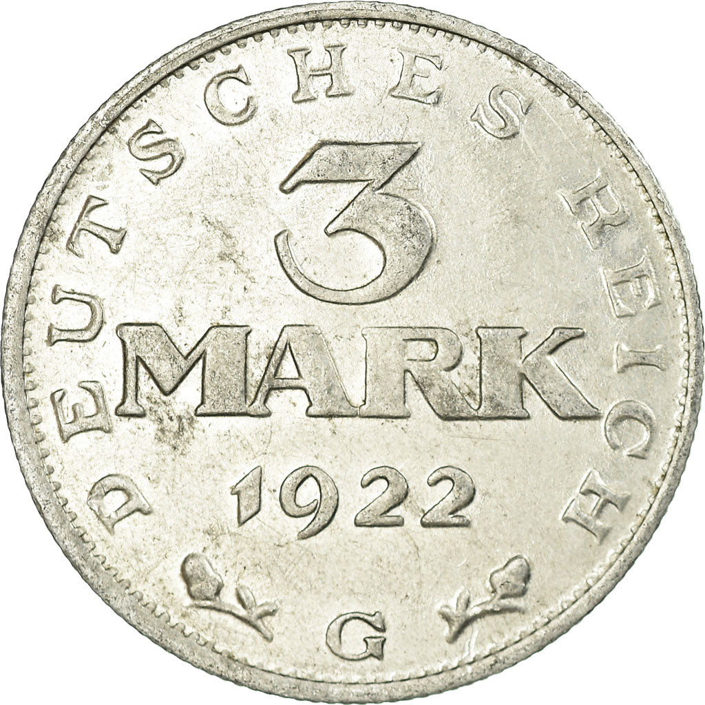 Coin, GERMANY, WEIMAR REPUBLIC, 3 Mark, 1922, Karlsruhe, EF(40-45), Aluminum