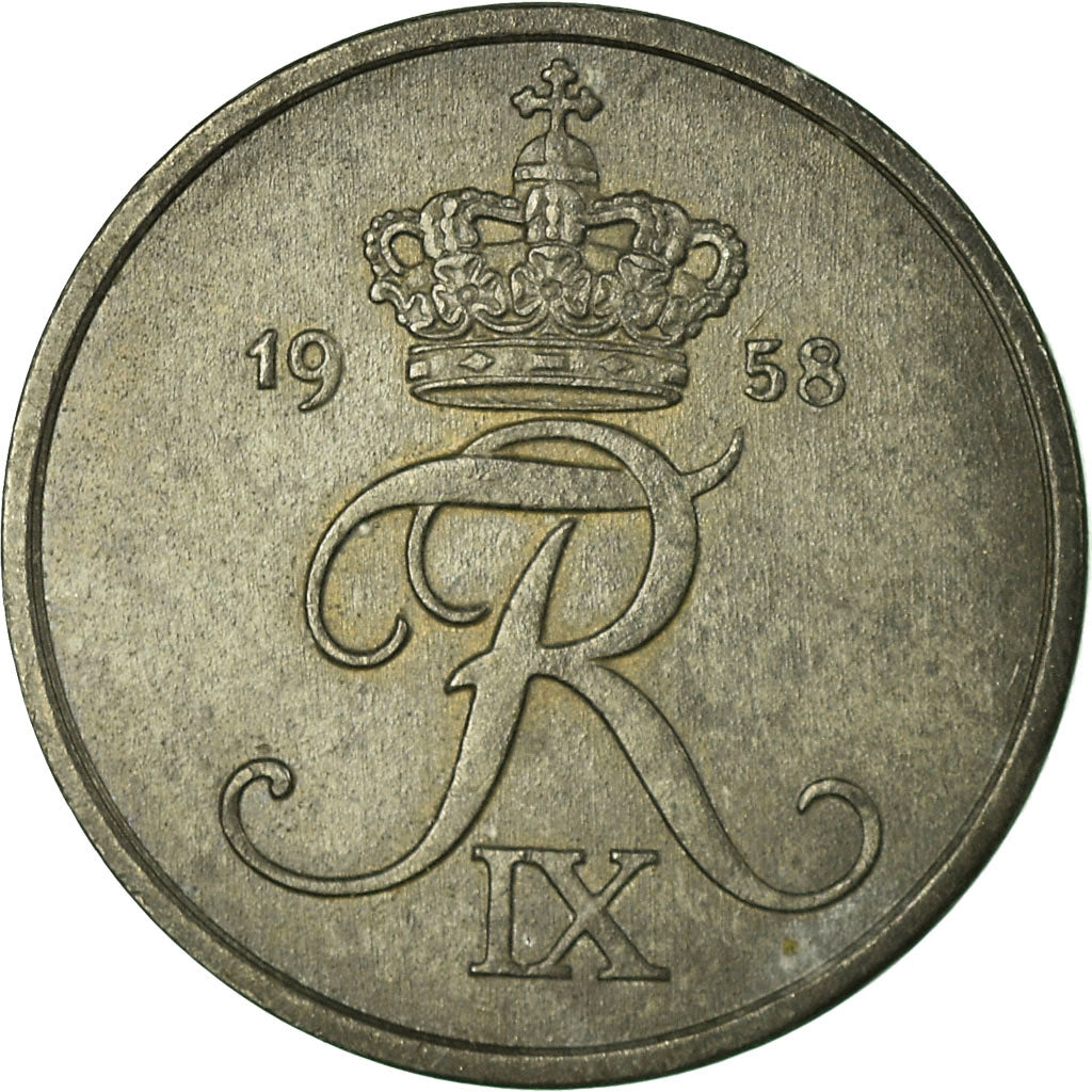 Münze, Dänemark, Frederik IX, 2 Öre, 1958, Copenhagen, S+, Zinc, KM:840.2