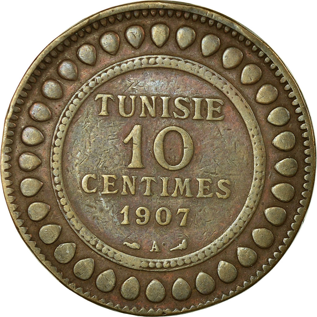 Coin, Tunisia, Muhammad al-Nasir Bey, 10 Centimes, 1907, Paris, VF(30-35)