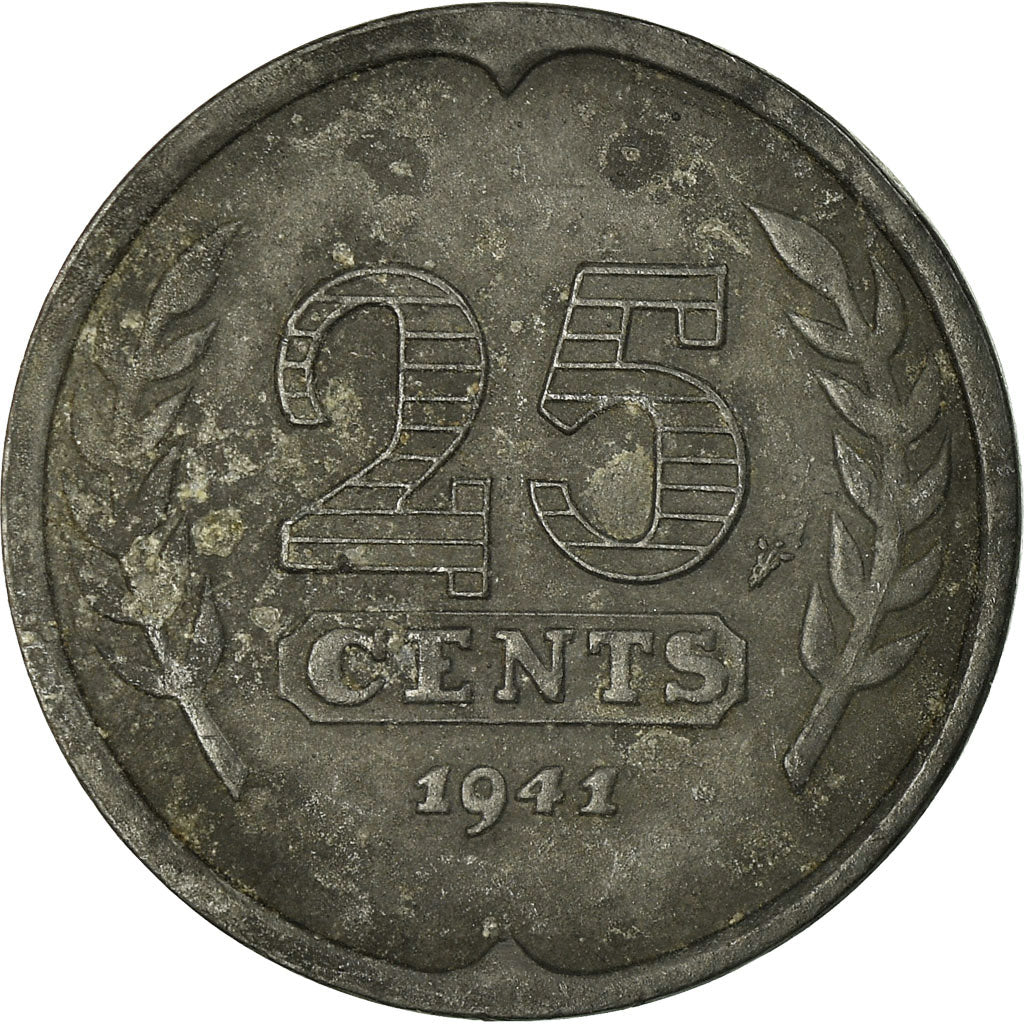 Coin, Netherlands, Wilhelmina I, 25 Cents, 1941, VF(20-25), Zinc, KM:174