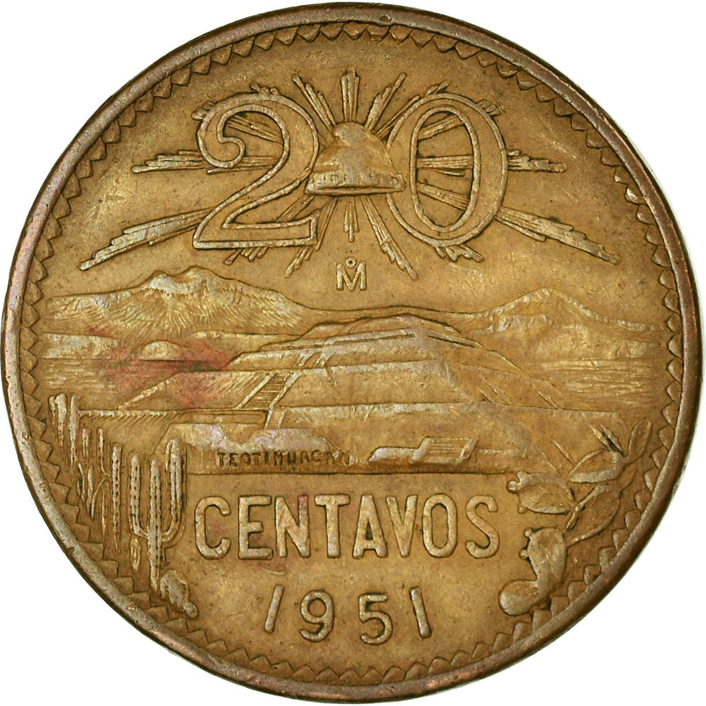 Coin, Mexico, 20 Centavos, 1951, Mexico City, VF(30-35), Bronze, KM:439