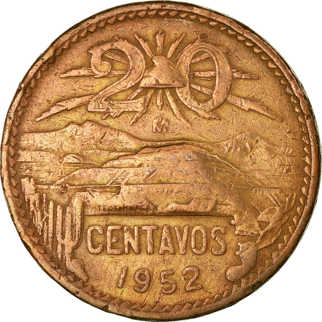 Coin, Mexico, 20 Centavos, 1952, Mexico City, VF(30-35), Bronze, KM:439