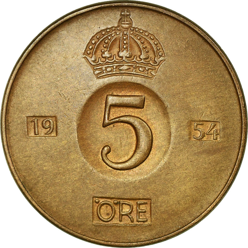 Münze, Schweden, Gustaf VI, 5 Öre, 1954, SS, Bronze, KM:822