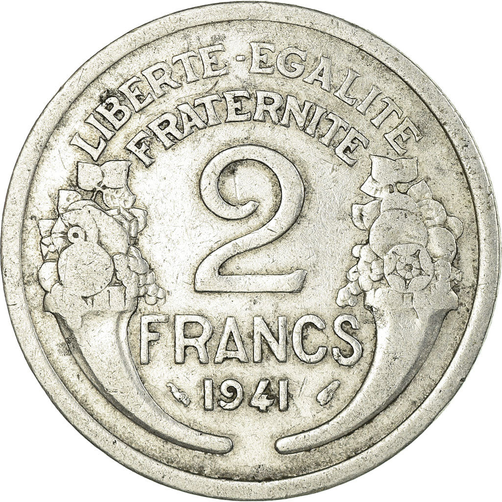 Moneda, Francia, Morlon, 2 Francs, 1941, Paris, BC+, Aluminio, KM:886a.1