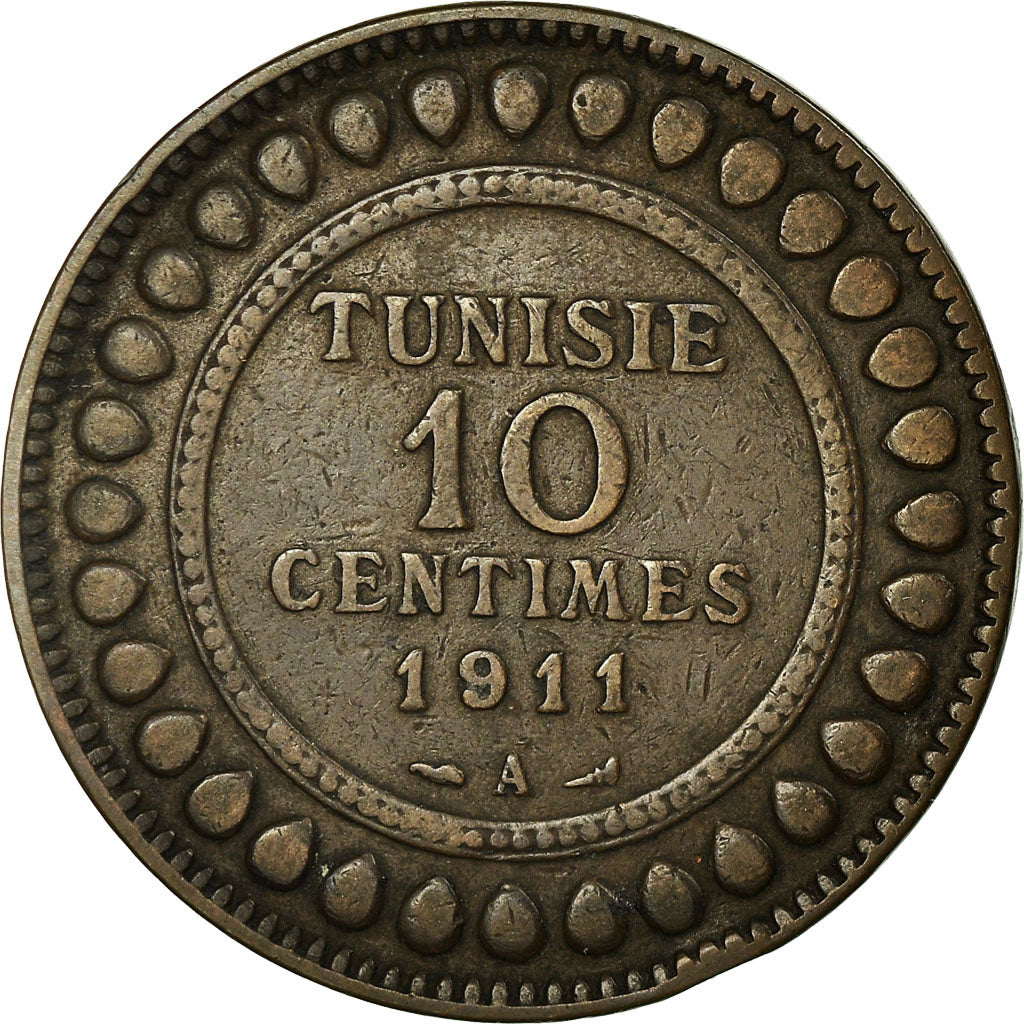 Coin, Tunisia, Muhammad al-Nasir Bey, 10 Centimes, 1911, Paris, VF(30-35)