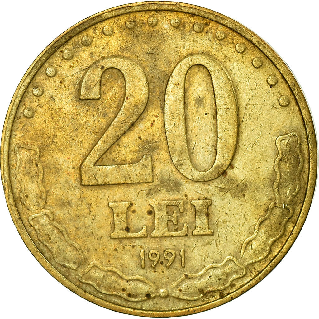 Moneta, Romania, 20 Lei, 1991, MB+, Acciaio ricoperto in ottone, KM:109