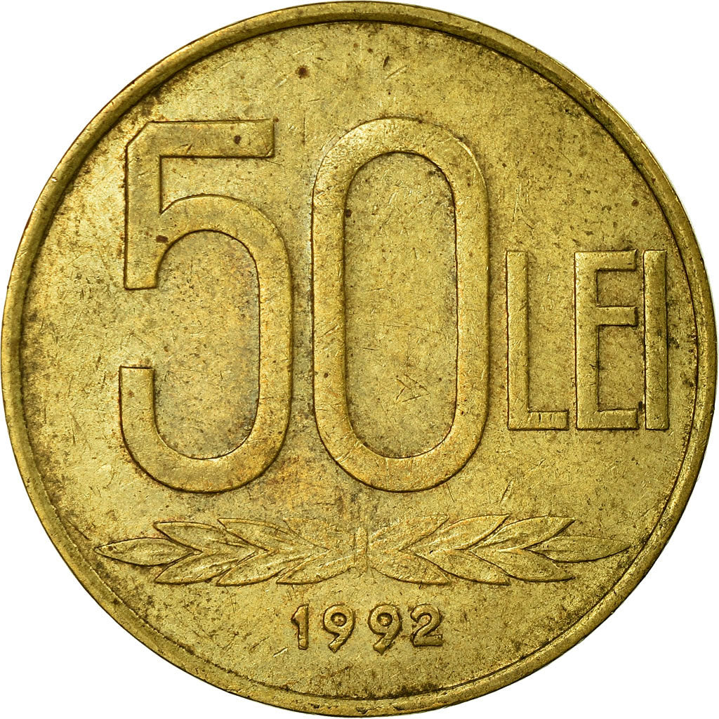 Moneta, Romania, 50 Lei, 1992, MB+, Acciaio ricoperto in ottone, KM:110
