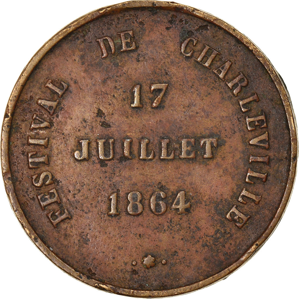 Francia, medalla, Napoléon III, Festival de Charleville, 1864, BC+, Cobre