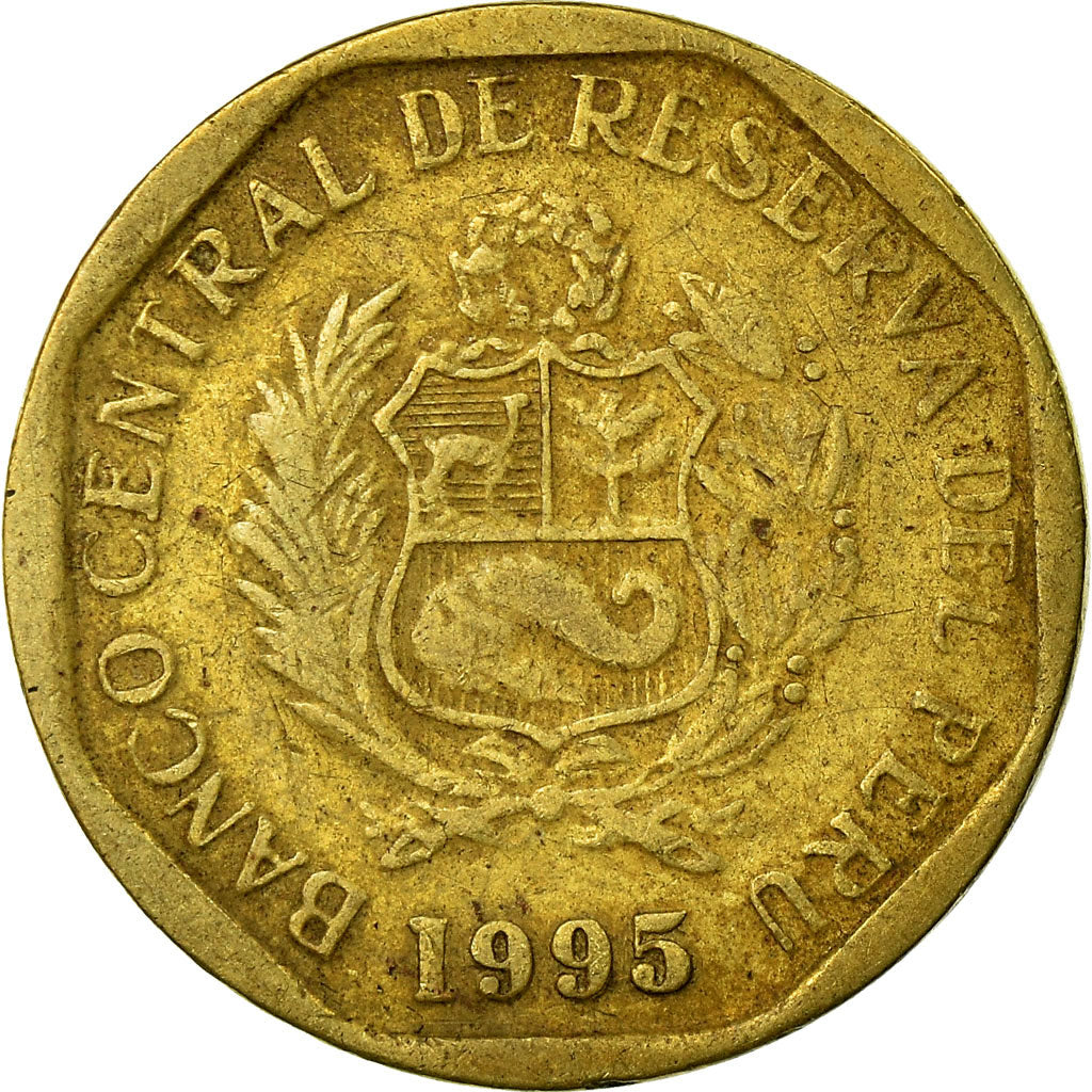 Moneda, Perú, 10 Centimos, 1995, Lima, BC+, Latón, KM:305.1