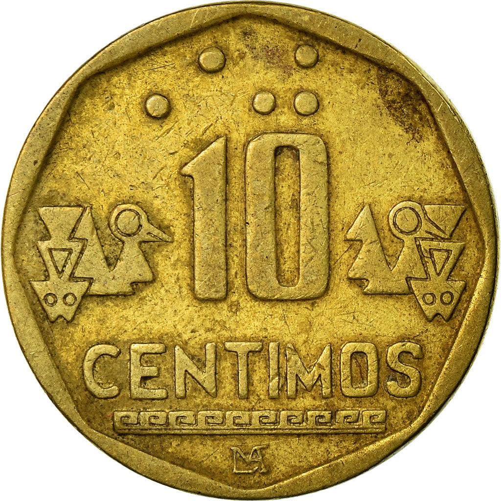 Moneda, Perú, 10 Centimos, 1995, Lima, BC+, Latón, KM:305.1