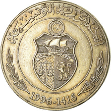 Coin, Tunisia, 1/2 Dinar, 1996, Paris, EF(40-45), Copper-nickel, KM:346