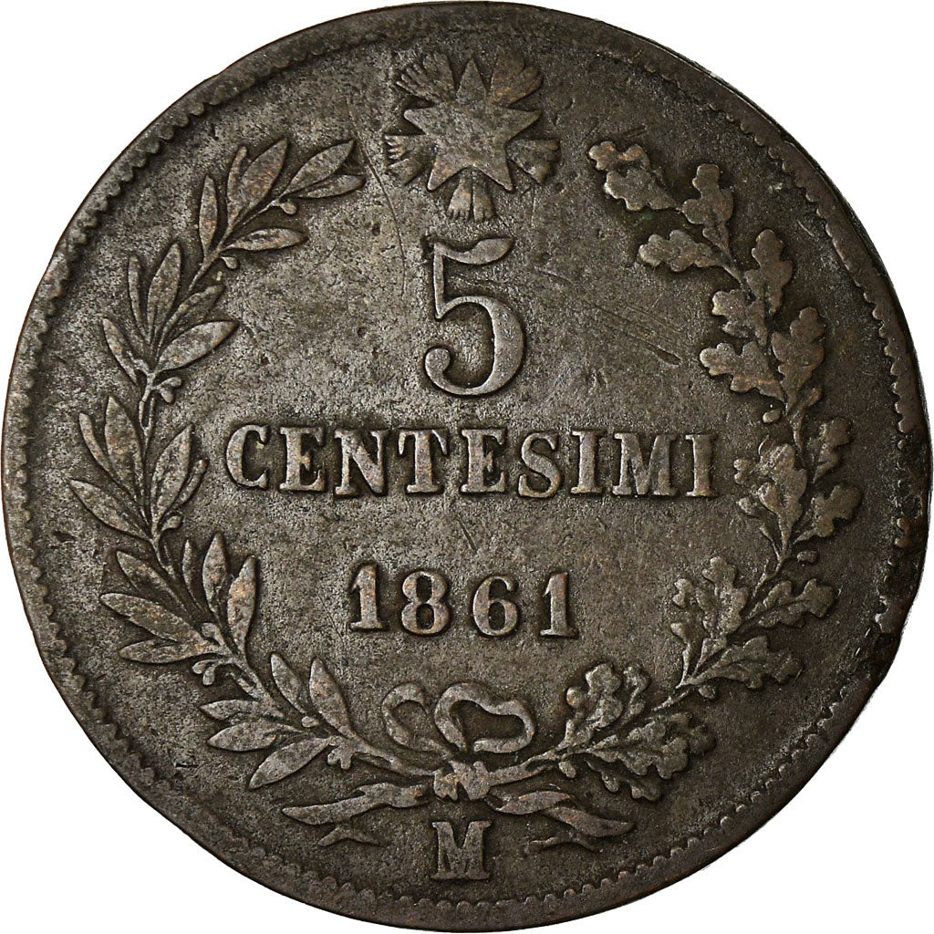 Coin, Italy, Vittorio Emanuele II, 5 Centesimi, 1861, Milan, VF(30-35), Copper