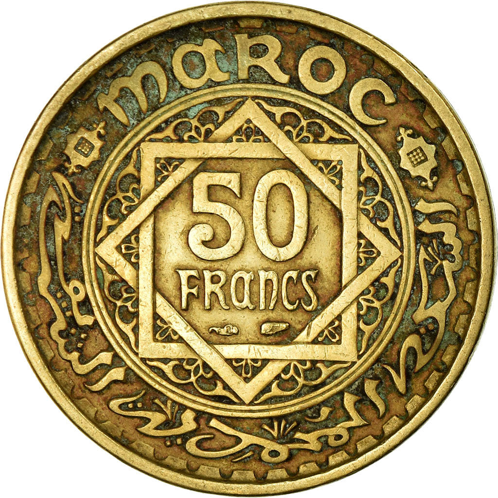 Coin, Morocco, Mohammed V, 50 Francs, 1951, Paris, VF(30-35), Aluminum-Bronze