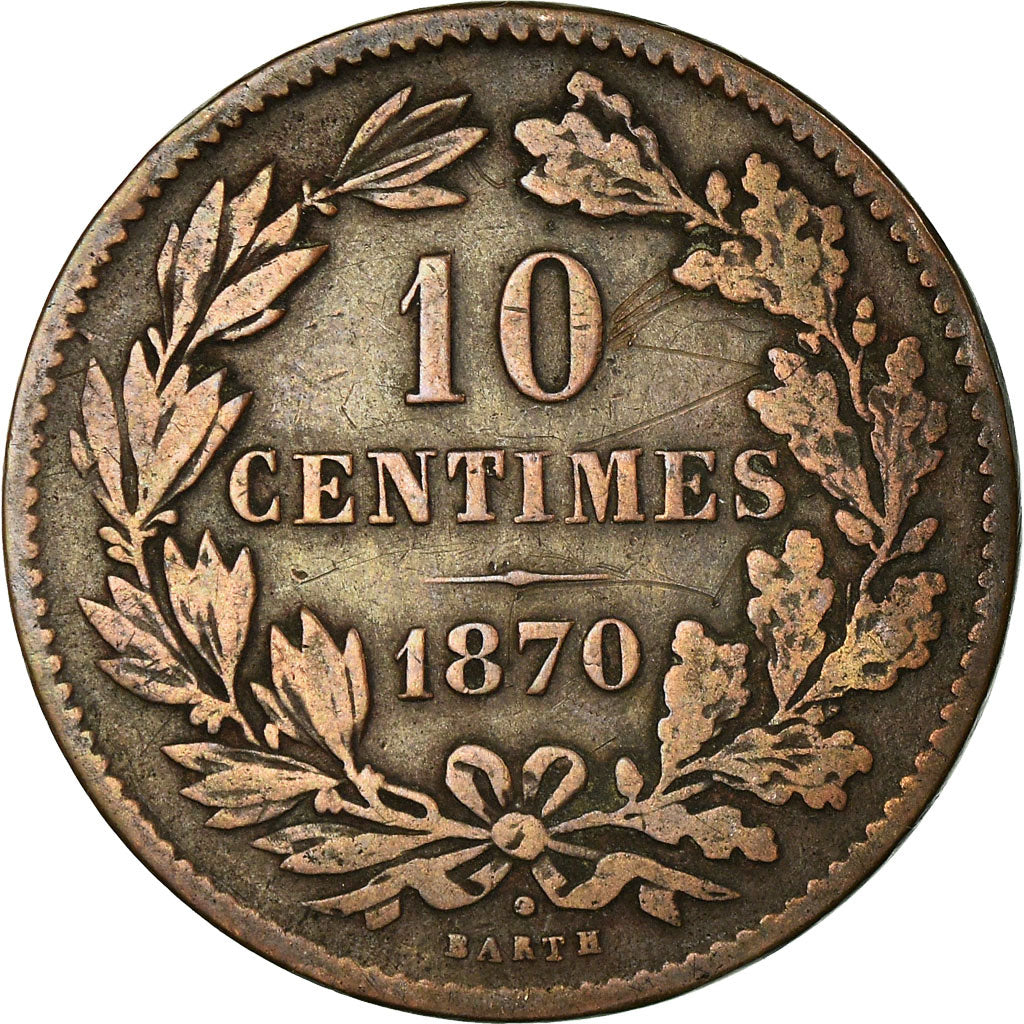 Coin, Luxembourg, William III, 10 Centimes, 1870, Utrecht, VF(30-35), Bronze