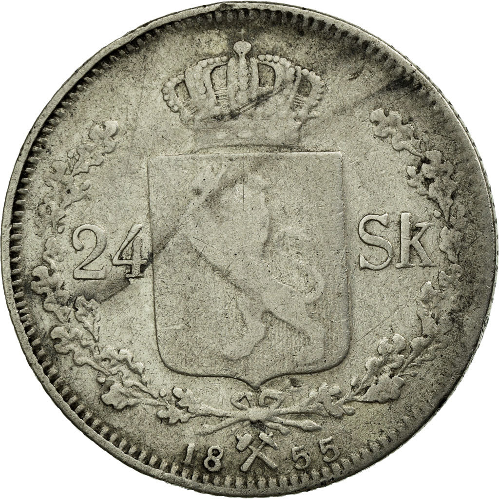 Coin, Norway, Oscar I, 24 Skilling, 1855, F(12-15), Silver, KM:315.2