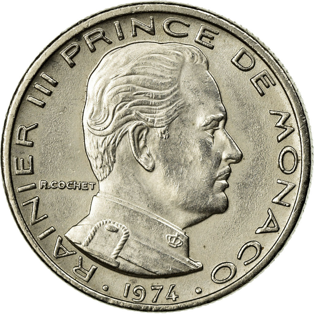 Coin, Monaco, Rainier III, 1/2 Franc, 1974, EF(40-45), Nickel, KM:145