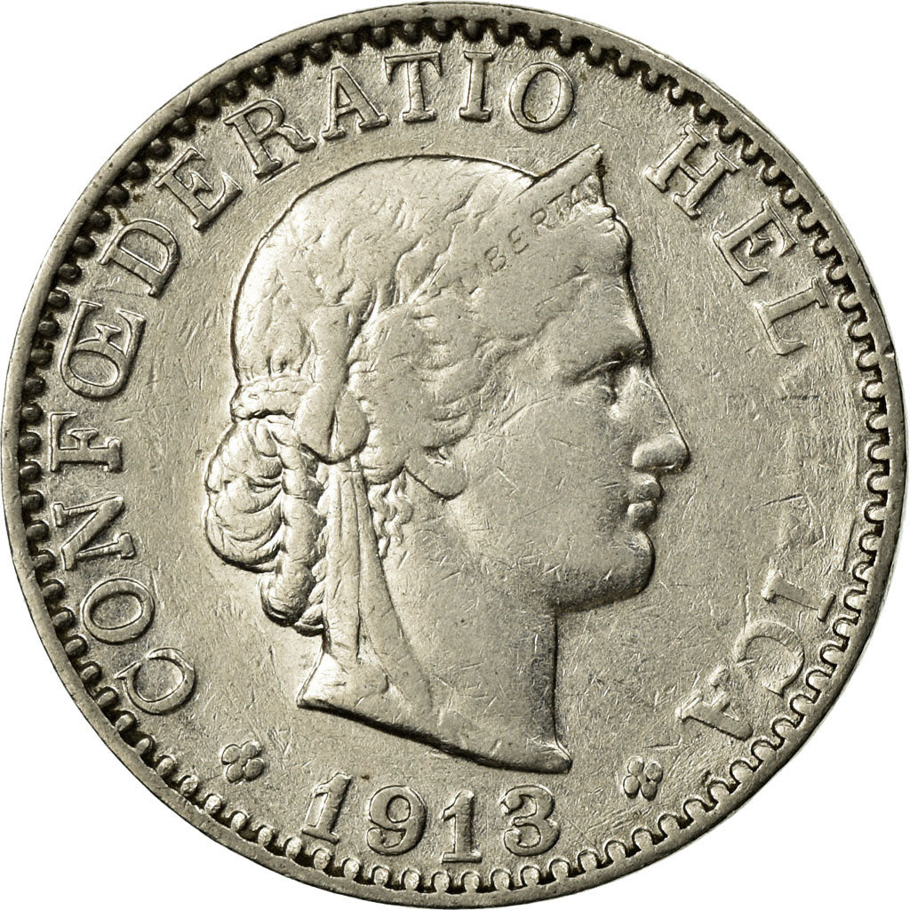 Coin, Switzerland, 20 Rappen, 1913, Bern, EF(40-45), Nickel, KM:29
