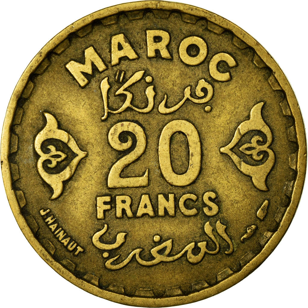 Moneda, Marruecos, Mohammed V, 20 Francs, 1371, Paris, MBC, Aluminio - bronce