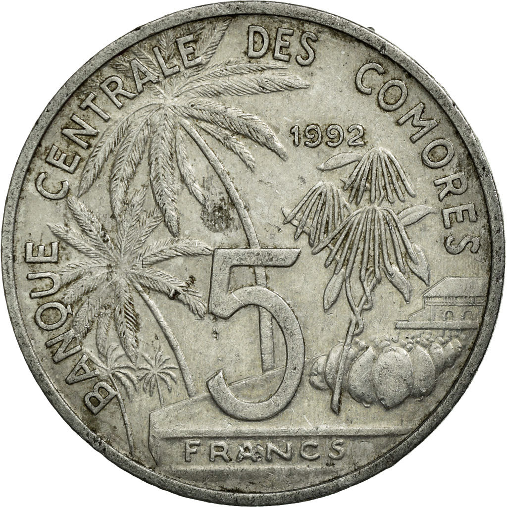 Coin, Comoros, 5 Francs, 1992, Paris, VF(30-35), Aluminum, KM:15