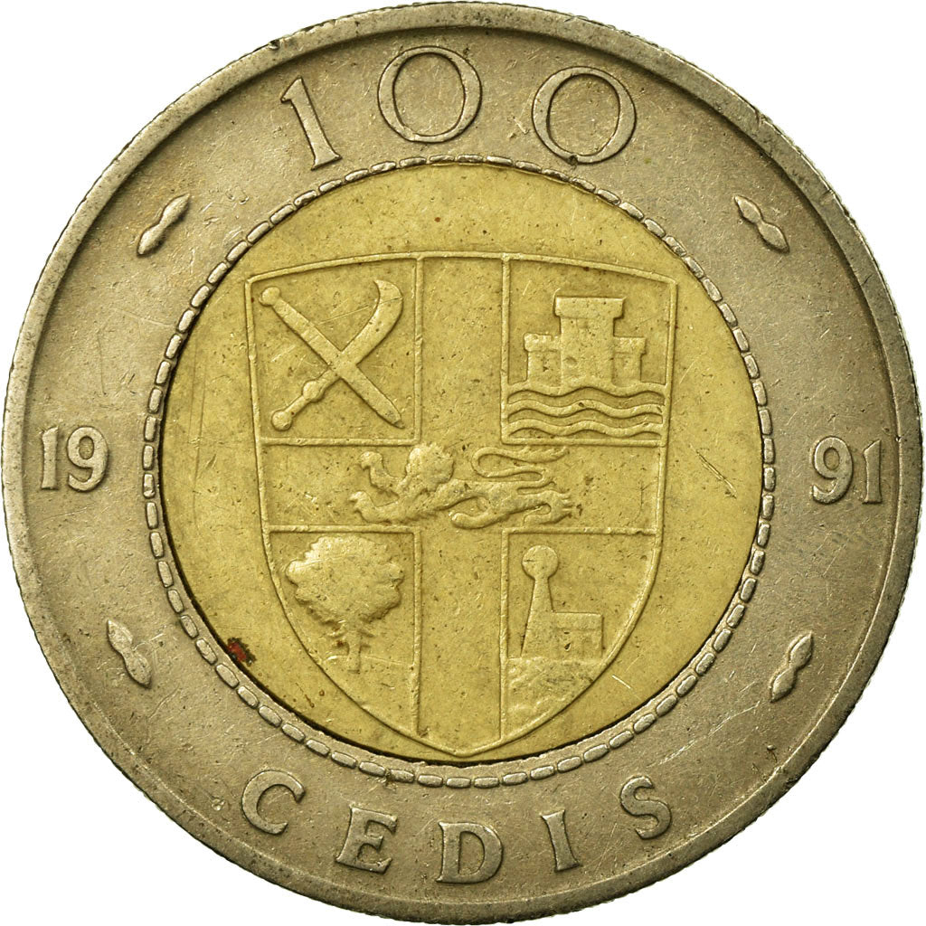 Moneta, Ghana, 100 Cedis, 1991, MB+, Bi-metallico, KM:32
