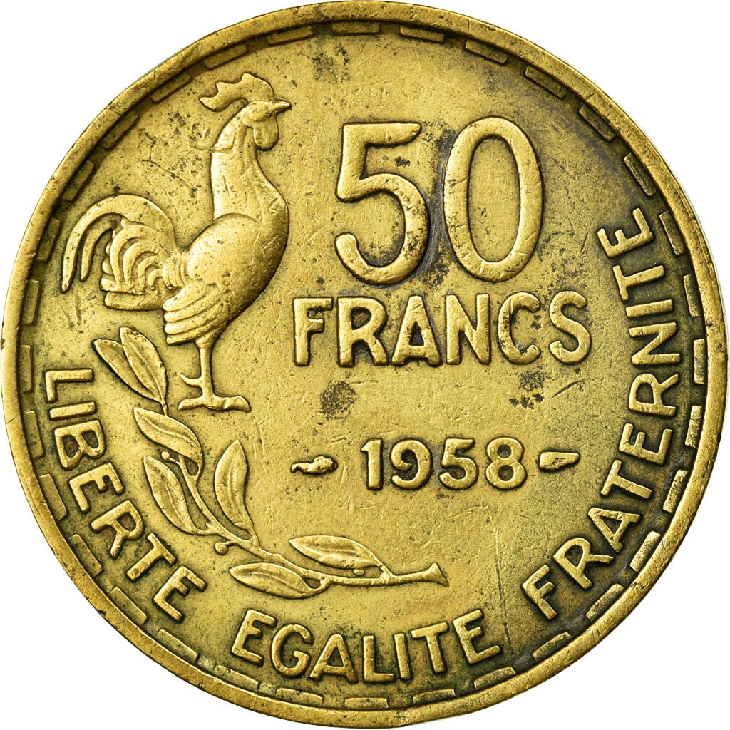 Moeda, França, Guiraud, 50 Francs, 1958, Paris, VF(30-35), Alumínio-Bronze