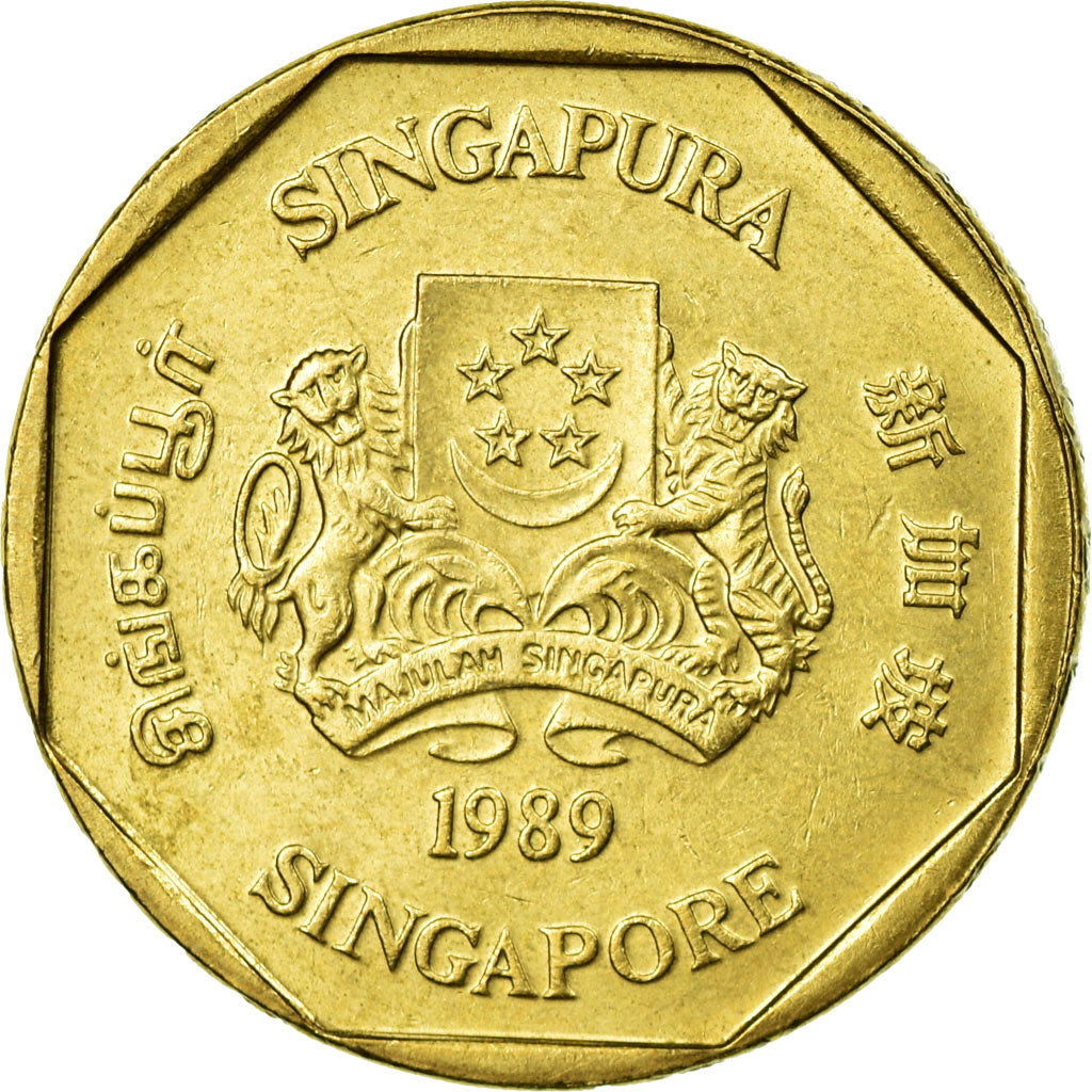 Coin, Singapore, Dollar, 1989, British Royal Mint, AU(55-58), Aluminum-Bronze