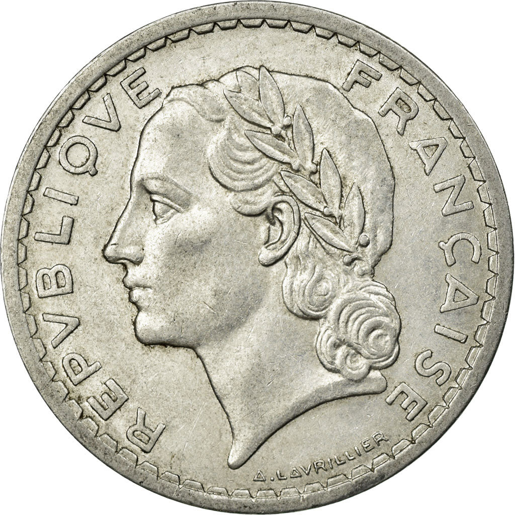 Moneda, Francia, Lavrillier, 5 Francs, 1945, Beaumont - Le Roger, MBC, Aluminio
