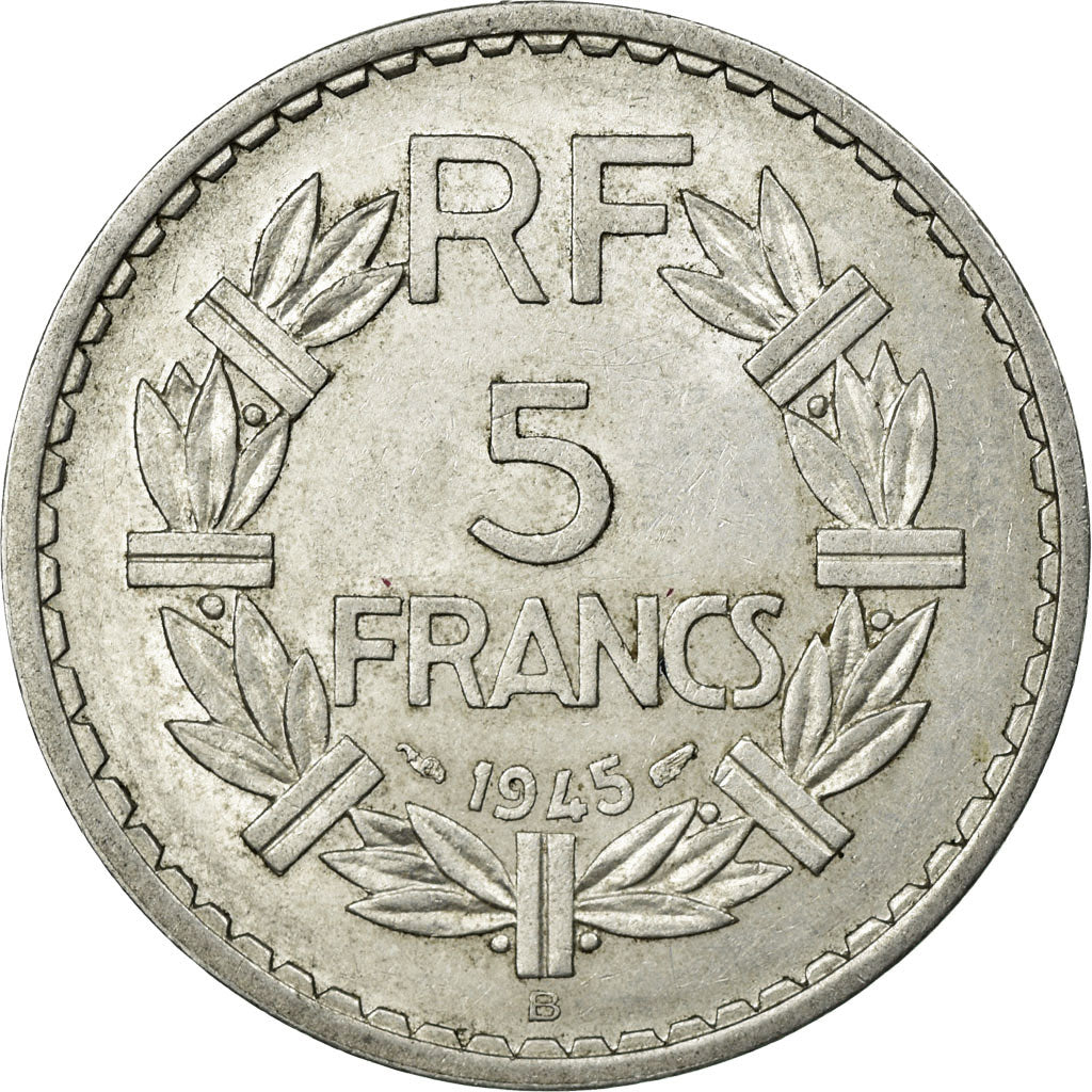 Moneda, Francia, Lavrillier, 5 Francs, 1945, Beaumont - Le Roger, MBC, Aluminio