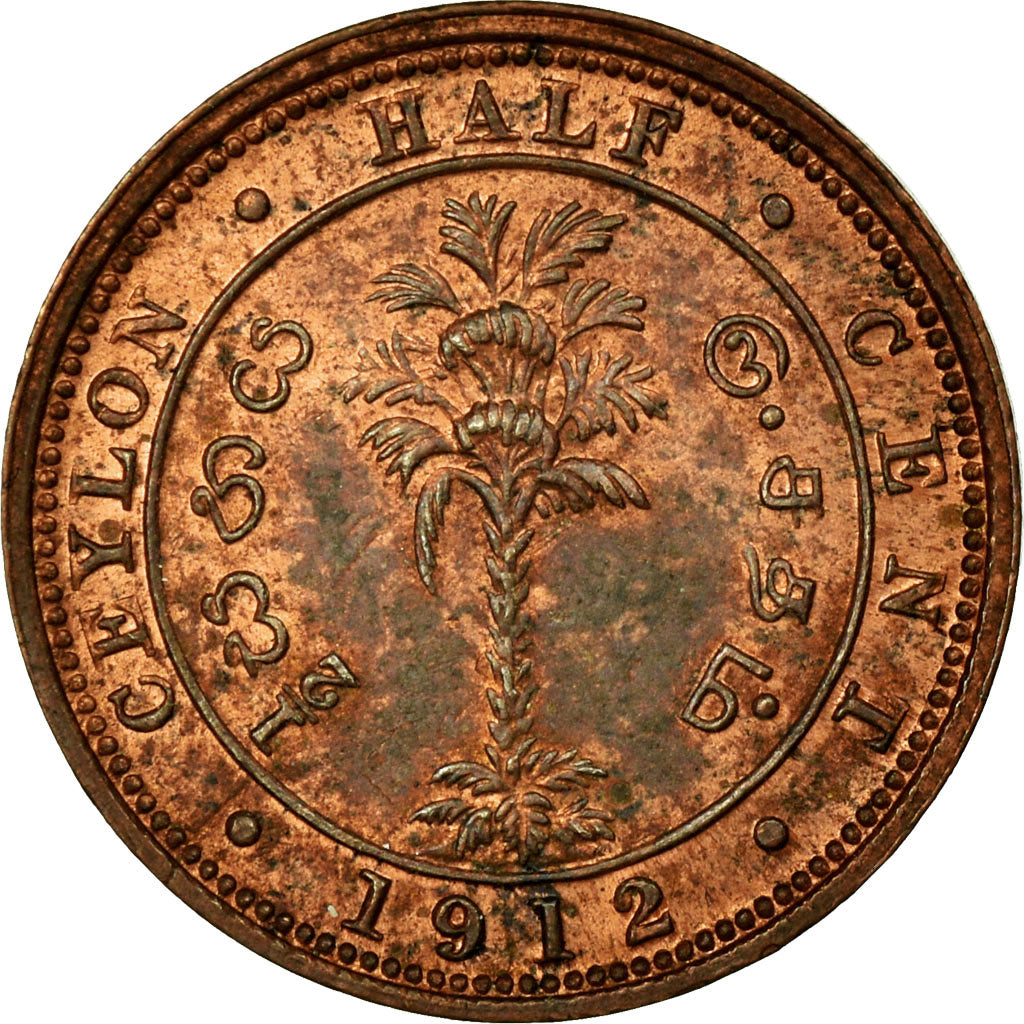 Coin, Ceylon, George V, 1/2 Cent, 1912, VF(30-35), Copper, KM:106