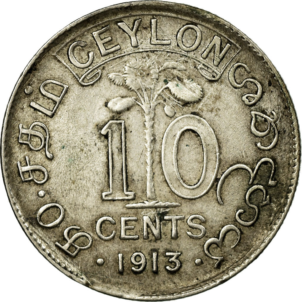 Coin, Ceylon, George V, 10 Cents, 1913, VF(30-35), Silver, KM:104