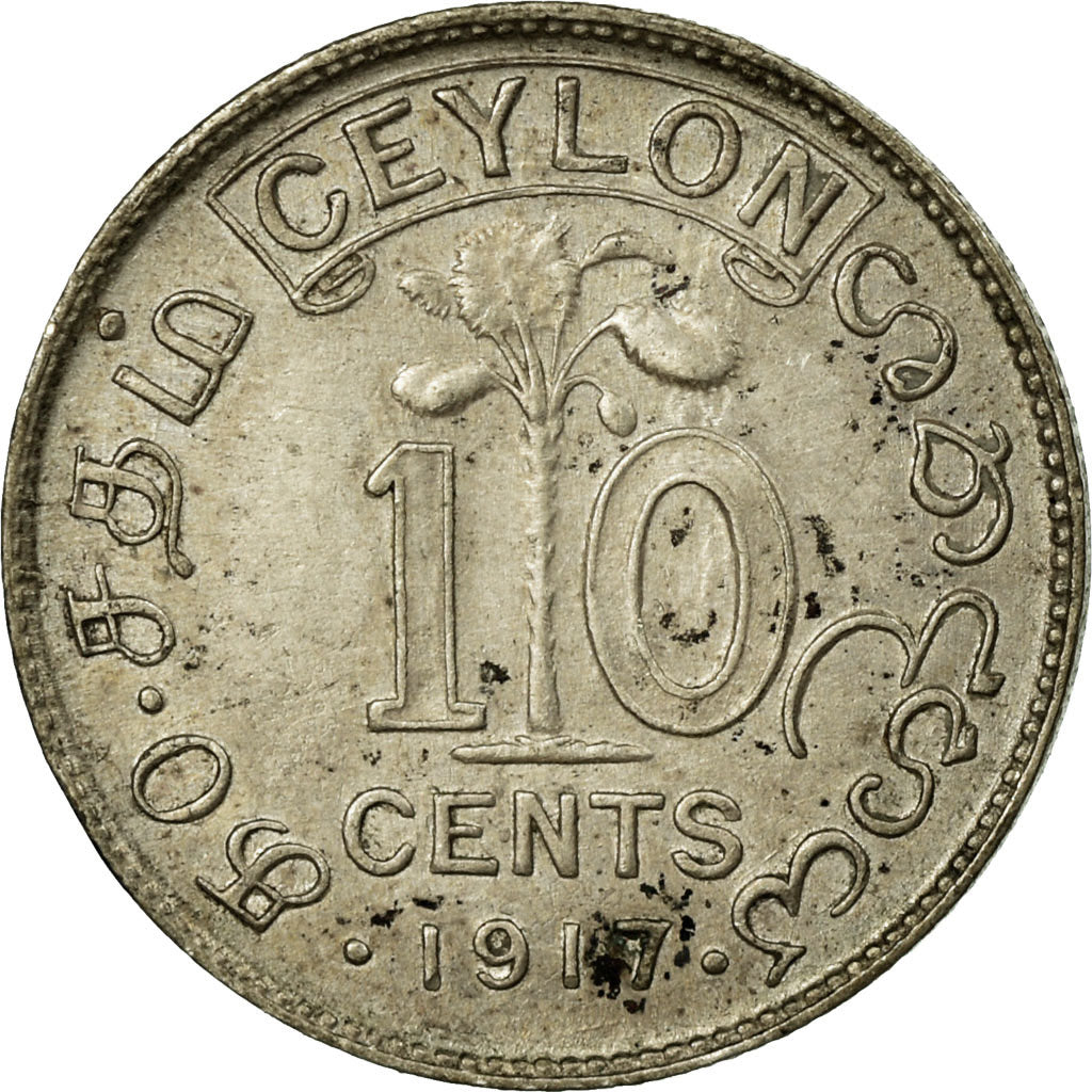 Coin, Ceylon, George V, 10 Cents, 1917, EF(40-45), Silver, KM:104